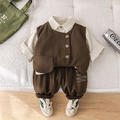 長袖セットアップ Dark Brown / 80cm 9-12M キッズセットアップ 3点セット 長袖シャツ+アシメボタンベスト+ステッチアクセントロングパンツ 2カラー【mh0007311】