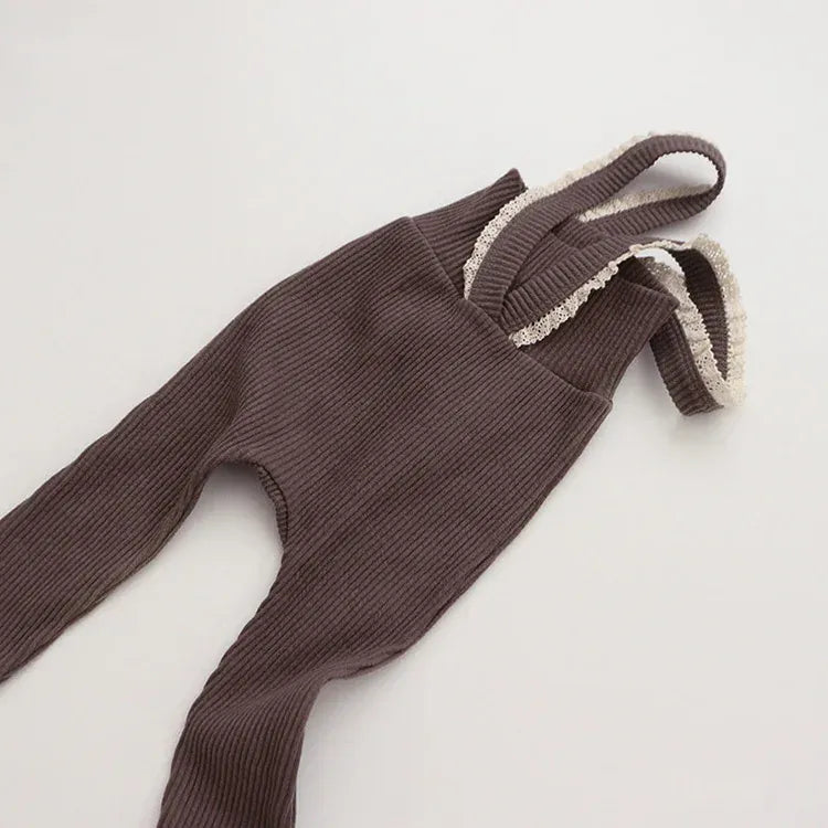 サロペットパンツ・サスペンダーパンツ dark coffee / 66cm for 6m ベビーパンツ レースフリル サスペンダーレギンスパンツ サロペット 4カラー