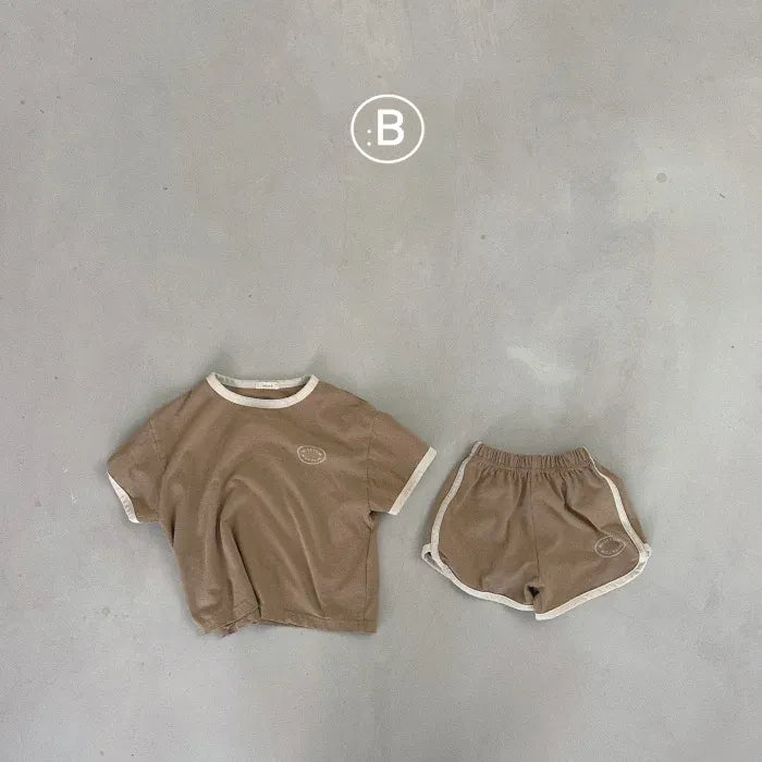 半袖セットアップ Dark Coffee / 9M 73cm ベビーセットアップ 2点セット 半袖Tシャツ+ショートパンツ バイピング 3カラー【mh0005938】