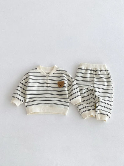 長袖セットアップ Dark Gray / 100cm 2-3y ベビーキッズセットアップ 2点セット ベアくまワッペンボーダー長袖Tシャツ+ロングパンツ 2カラー【mh0007143】