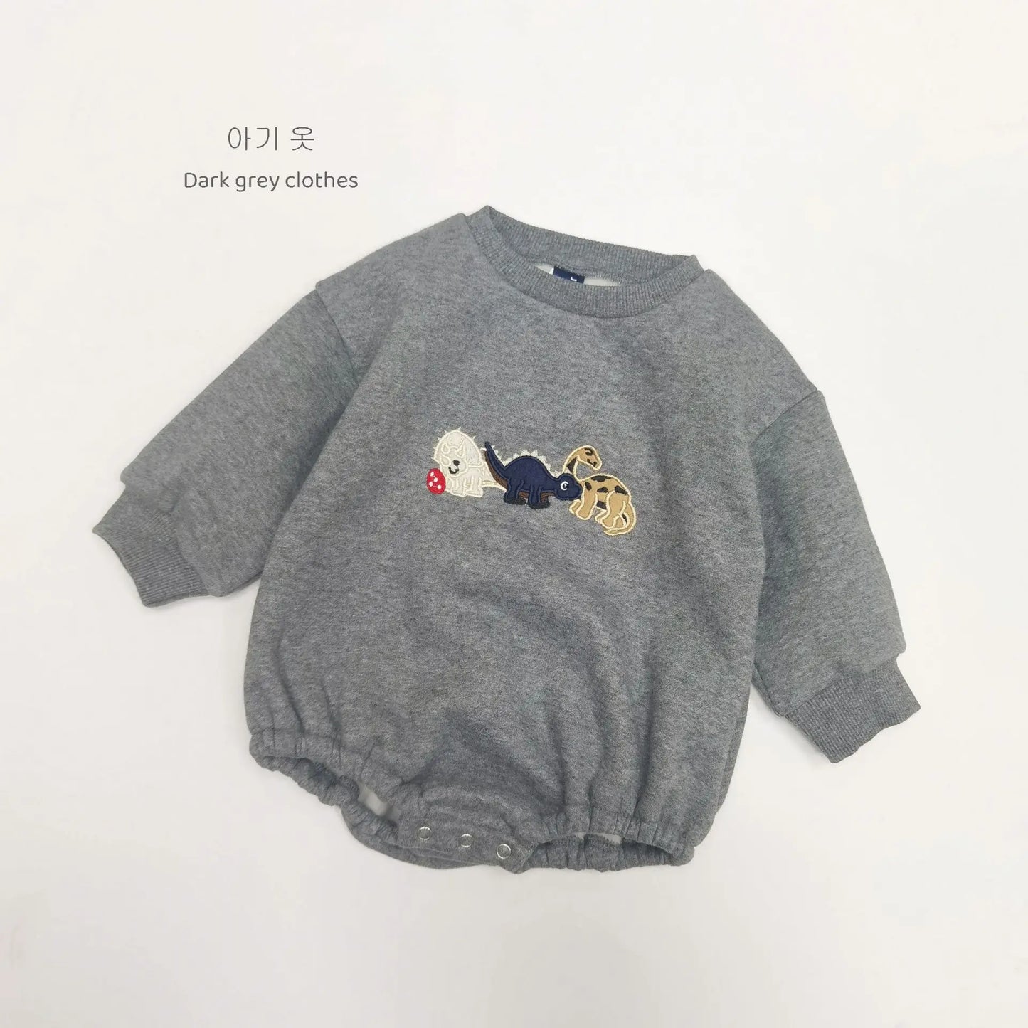 長袖ロンパース Dark Gray / 6M  66CM ベビーロンパース 恐竜ダイナソー刺繍裏フリース長袖ボディスーツ【mh0008130】