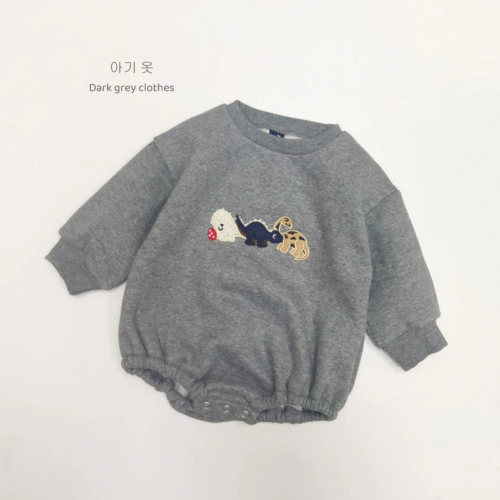 長袖ロンパース Dark Gray / 6M  66CM ベビーロンパース 恐竜ダイナソー刺繍裏フリース長袖ボディスーツ【mh0008130】