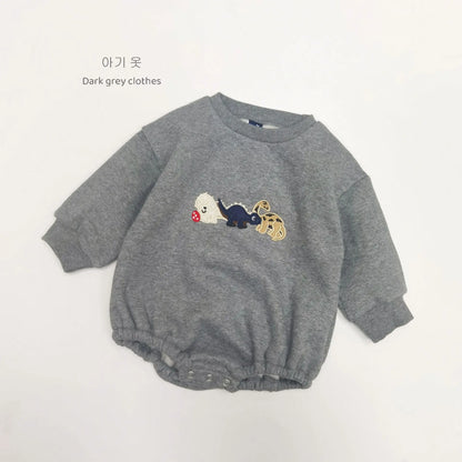 長袖ロンパース Dark Gray / 6M  66CM ベビーロンパース 恐竜ダイナソー刺繍裏フリース長袖ボディスーツ【mh0008130】