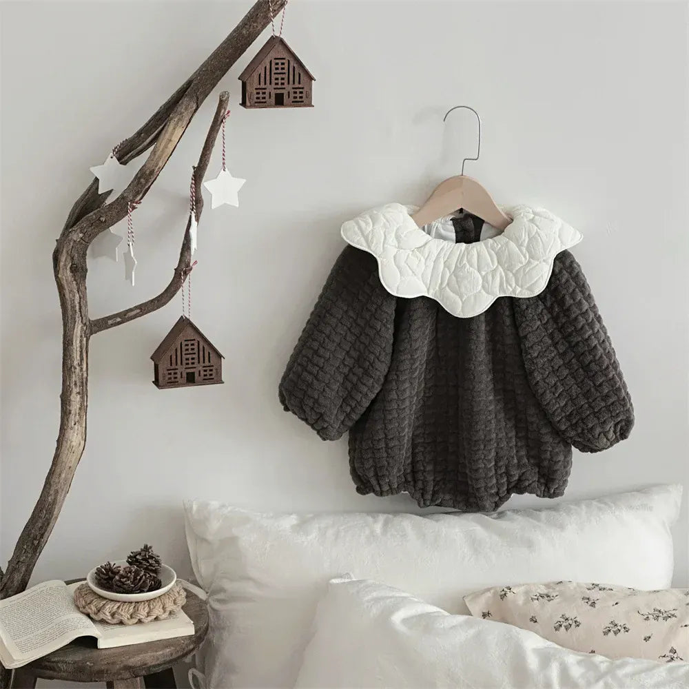 長袖ロンパース Dark Gray / 73cm 9M ベビーロンパース ぽこぽこキルティングフラワーカラー長袖ボディスーツ【mh0008187】