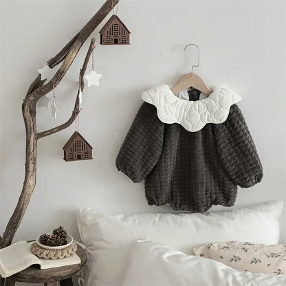 長袖ロンパース Dark Gray / 73cm 9M ベビーロンパース ぽこぽこキルティングフラワーカラー長袖ボディスーツ【mh0008187】