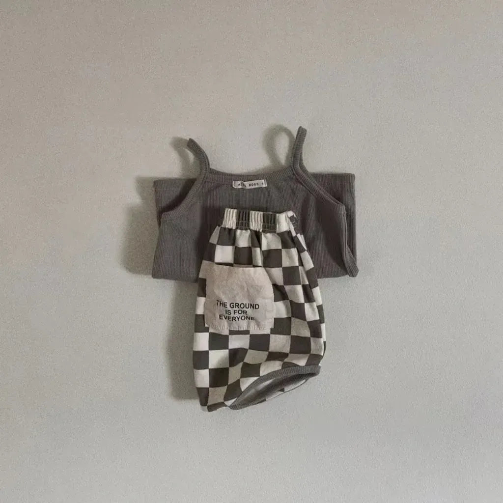ノースリーブセットアップ Dark Gray / 9M 73cm ベビーセットアップ 2点セット キャミソール+チェックブルマパンツ 3カラー【mh0006031】