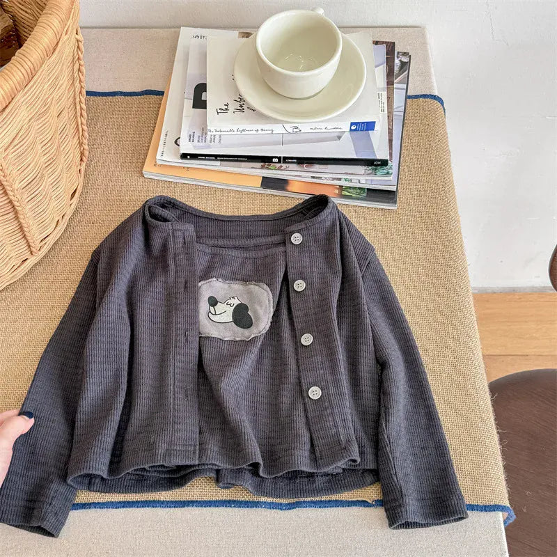 長袖セットアップ dark gray set / 12M  80cm キッズトップスセット 犬ドッグパッチワークキャミソール+カーディガン アンサンブルトップス 2カラー