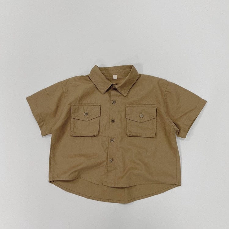 半袖シャツ・ブラウス dark khaki / 12M/80cm キッズ シンプル ベーシック 半袖 サファリ シャツ ブラウス トップス アーミーグリーン ダークカーキ ボーイズ