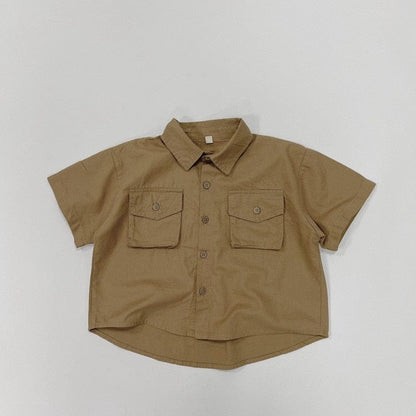 半袖シャツ・ブラウス dark khaki / 12M/80cm キッズ シンプル ベーシック 半袖 サファリ シャツ ブラウス トップス アーミーグリーン ダークカーキ ボーイズ