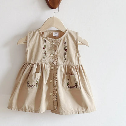 長袖ロンパース dark khaki / 6M  66cm ベビーロンパース/ワンピース フラワー花柄刺繍 フロントボタンノースリーブワンピース/長袖丸襟ボディスーツ