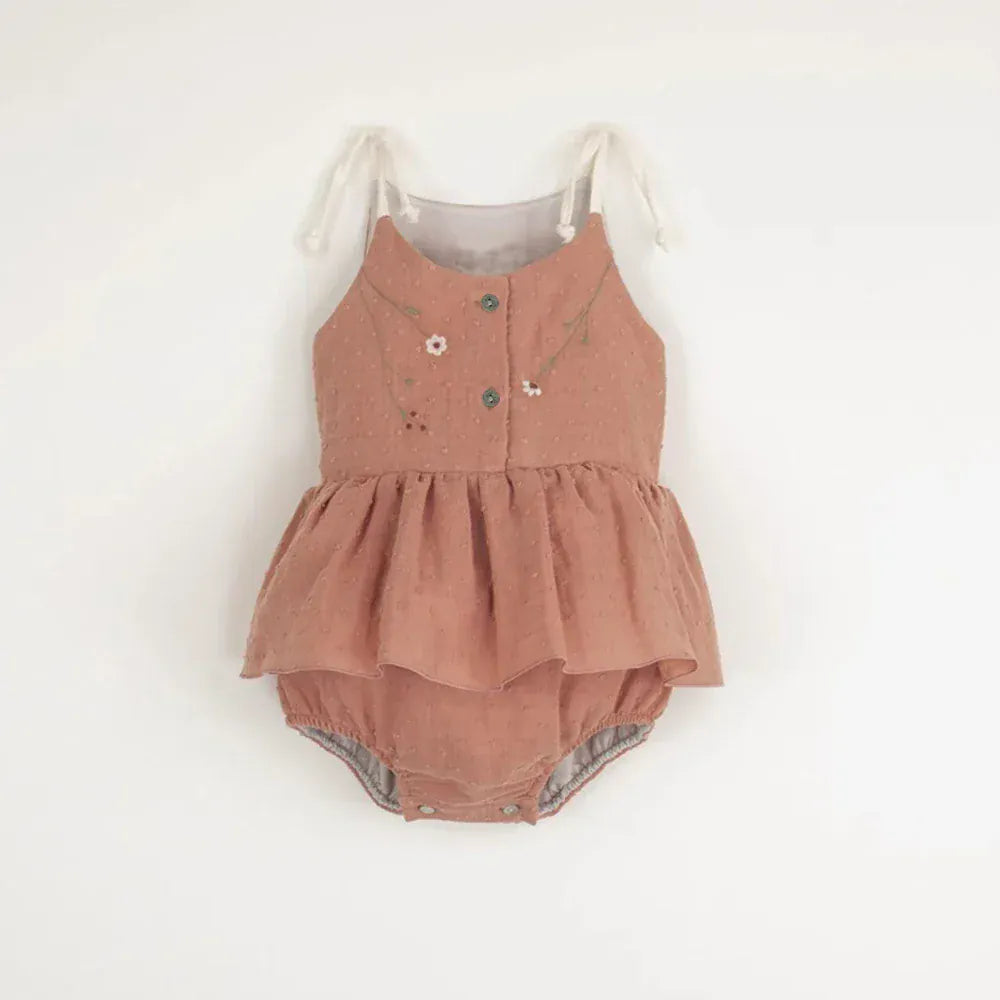 ノースリーブロンパース Dark Pink / 0-6 Months 66cm ベビーロンパース キャミソールスカートボディスーツ フラワー花柄刺繍 3カラー【mh0005947】