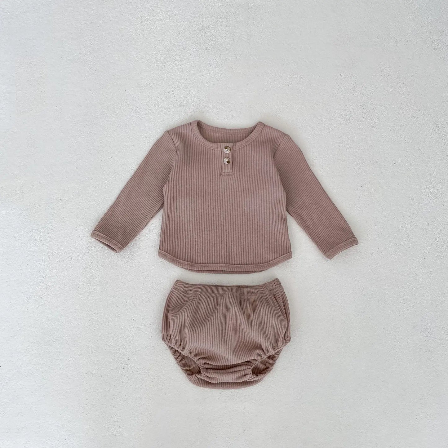 長袖セットアップ dark pink / 6M (66cm) ベビーセットアップ 2点セット 長袖リブヘンリーネックTシャツ ブルマパンツ シンプルベーシック ダークピンク グレー 2カラー