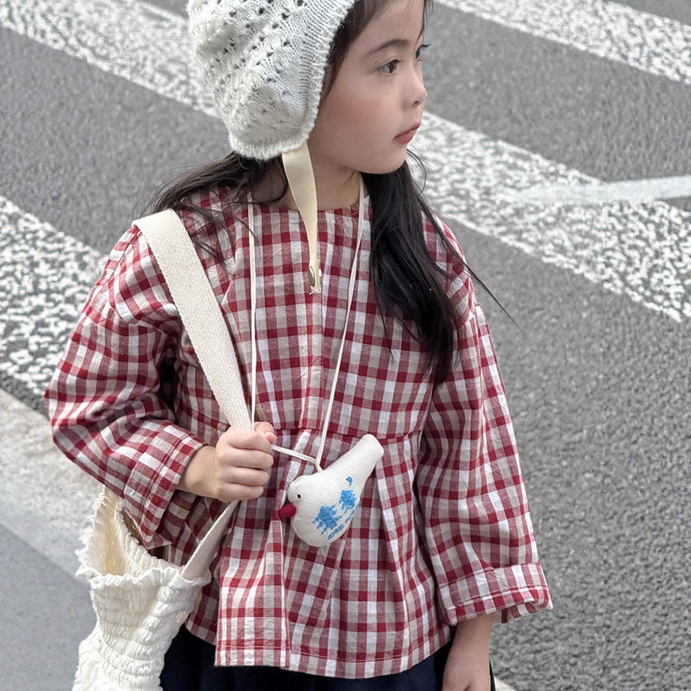 長袖シャツ・ブラウス Dark Red / 90cm レトロチェック柄ブラウス ラウンドネック ギャザー入りクロップド丈トップス【mh0011049】