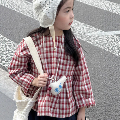 長袖シャツ・ブラウス Dark Red / 90cm レトロチェック柄ブラウス ラウンドネック ギャザー入りクロップド丈トップス【mh0011049】