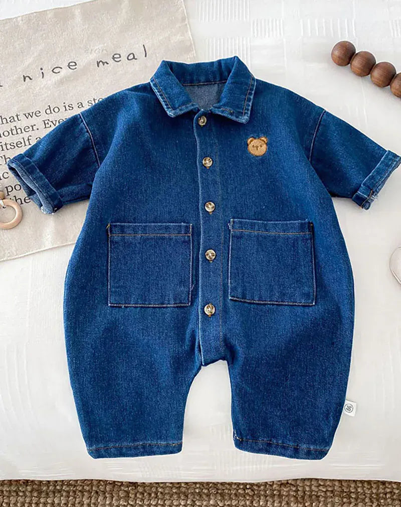 長袖ジャンプスーツ Deep Blue / 6M 66cm ベビージャンプスーツ デニム 長袖シャツつなぎ ベアくまワンポイント 2カラー【mh0006506】