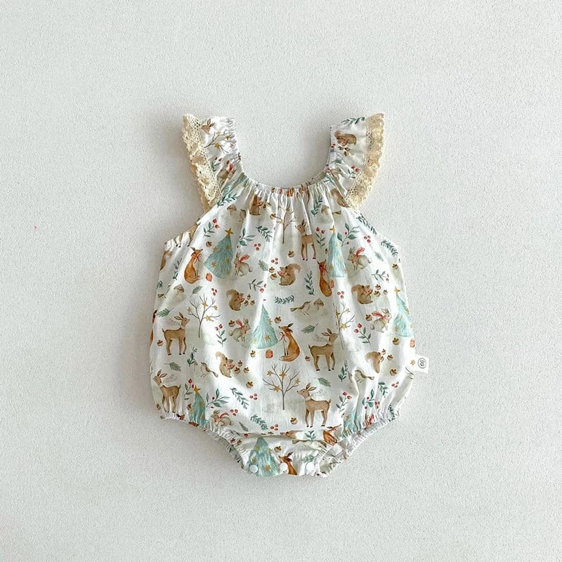 ノースリーブロンパース deer / 66cm ベビーロンパース ノースリーブフリルボディスーツ バンビ鹿フラワー花柄プリント【mh0004956】