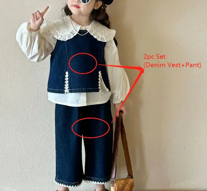 ノースリーブセットアップ denim 2pc set / 90cm 1-2y キッズデニムセットアップ 2点セット/トップス デニムベスト+ワイドルーズパンツ/長袖ビッグ襟ブラウス