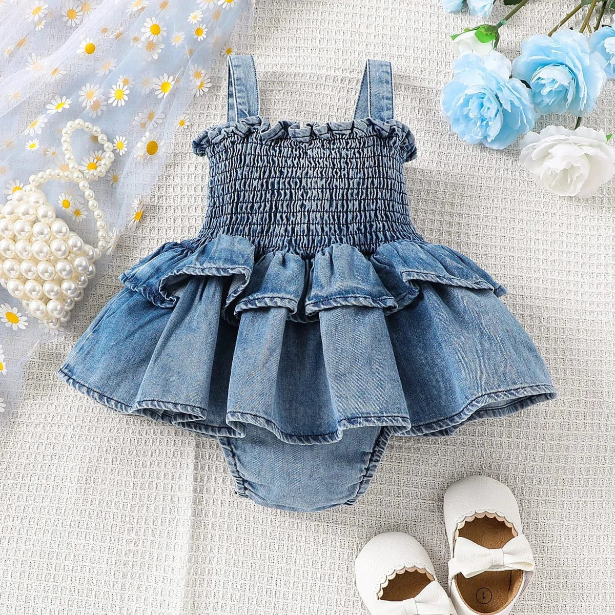 ノースリーブロンパース denim blue / 66cm / 取り寄せ（3〜14日） ☺︎ ベビーロンパース デニム キャミソール スカートボディスーツ フリル ブルー