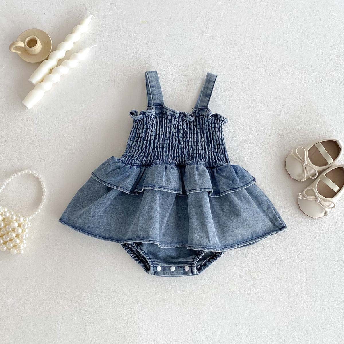 ノースリーブロンパース Denim Blue / 66cm デニムシャーリングスカートドッキングキャミソールロンパース【mh0009760】