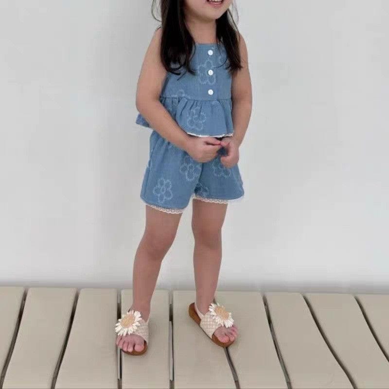 ノースリーブセットアップ Denim Blue / 73cm フラワーデニムキャミソールトップス+ショートパンツセットアップ 2点セット【mh0010356】