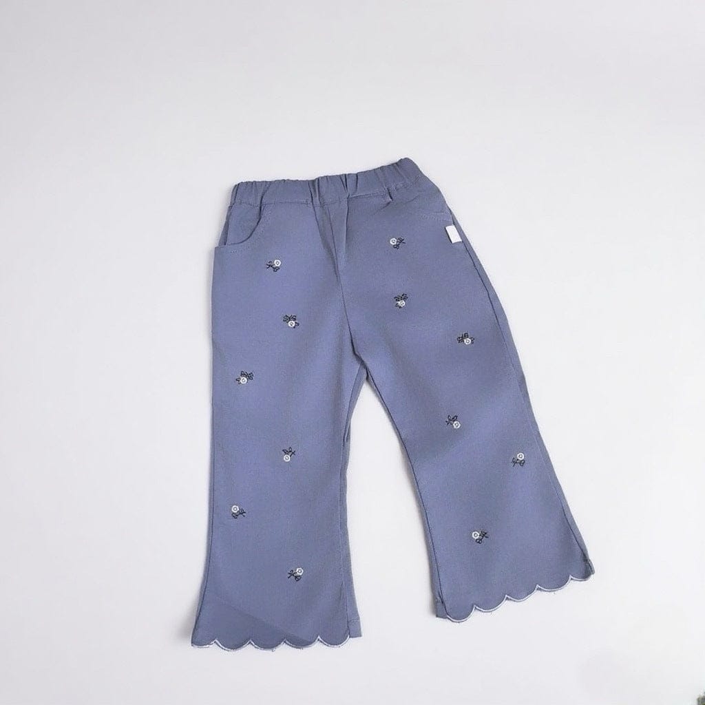ロングパンツ・スウェットパンツ Denim Blue / 73cm フラワー刺繍裾メロウフレアパンツ ワイドパンツ【mh0011018】