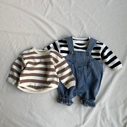 長袖セットアップ Denim Blue / 73cm ベビートップス/オーバーオール ボーダー長袖Tシャツ/デニムサスペンダーパンツ【mh0009105】