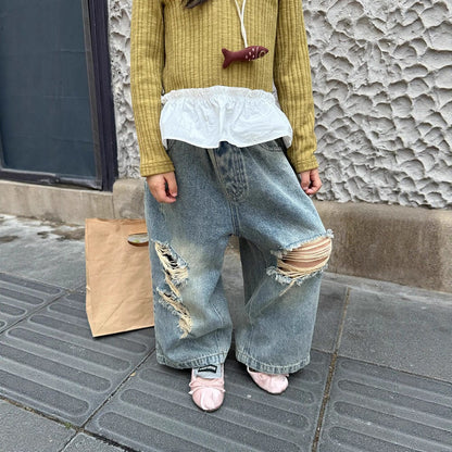 デニムパンツ Denim Blue / 90cm ダメージ加工ワイドデニムパンツ クラッシュデニム ジーンズ【mh0011063】