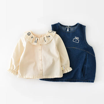 長袖セットアップ denim set / 12M  80cm キッズセットアップ 2点セット 長袖フリル襟ブラウス+デニムノースリーブコクーンスカートワンピース
