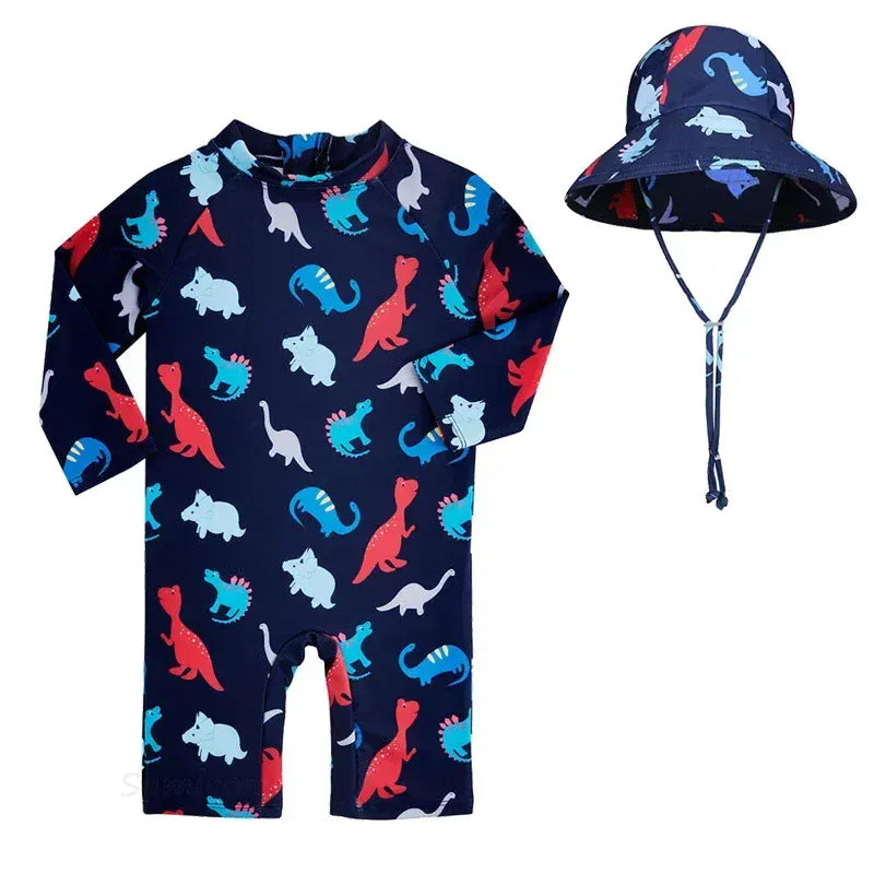 ベビー用水着 dinosaur with hat / 1-2Yrs キッズ水着 帽子セット 長袖ラッシュガード つなぎ ワンピース アニマル フラワープリント スイムウェア