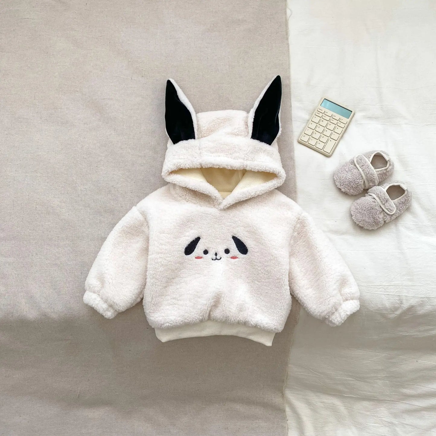 長袖セットアップ dog tops / 9M  73CM ベビートップス/パンツ 耳付きフーディフリースプルオーバー+ボーダーアニマルレギンスパンツ【mh0008489】