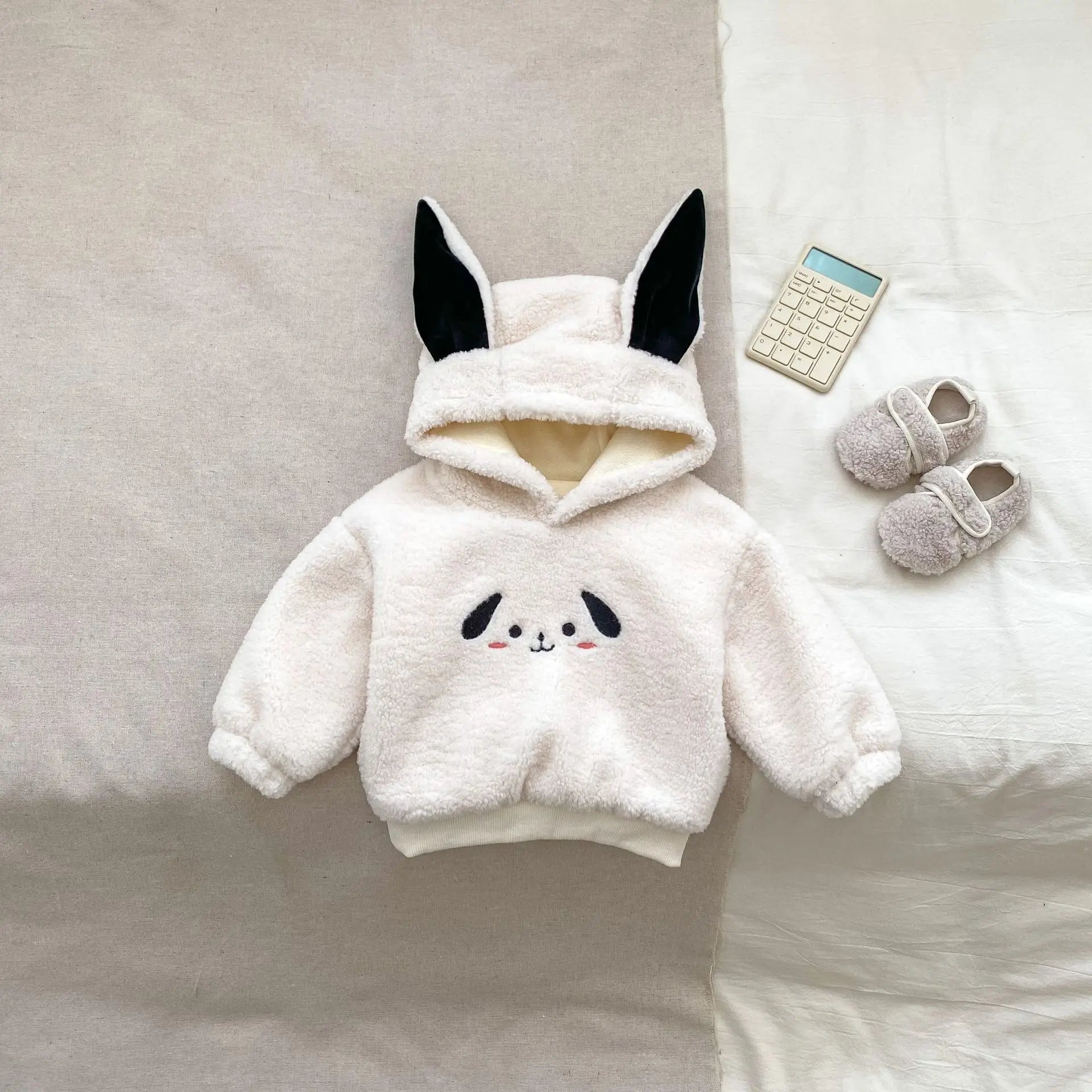 長袖セットアップ dog tops / 9M  73CM ベビートップス/パンツ 耳付きフーディフリースプルオーバー+ボーダーアニマルレギンスパンツ【mh0008489】