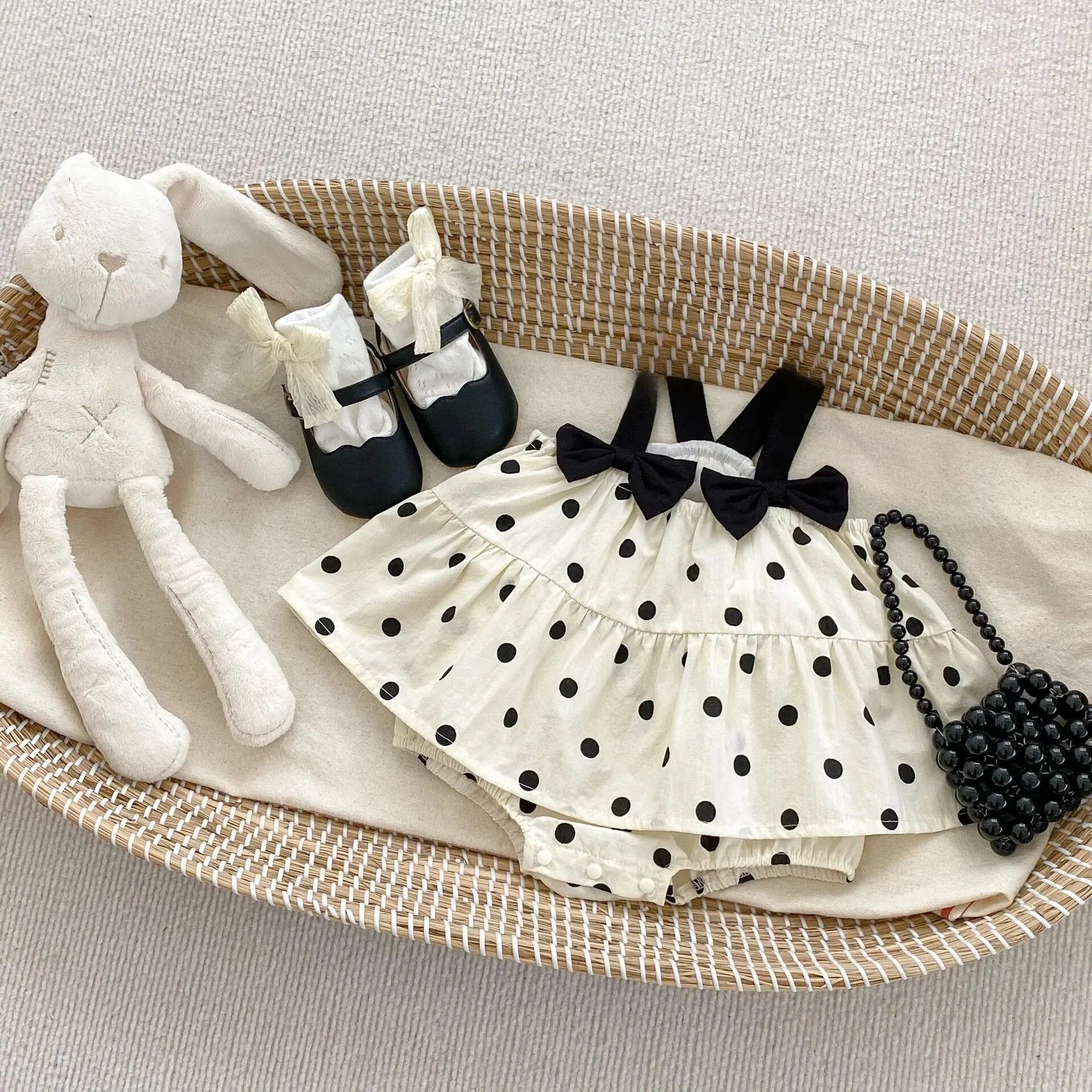 ノースリーブロンパース Dot / 66cm ベビーロンパース キャミソールスカートボディスーツ 水玉ドットリボン モノトーン【mh0005682】