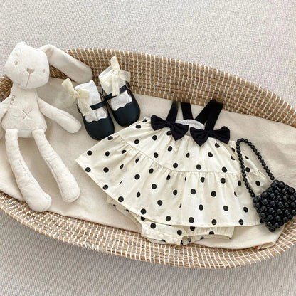 ノースリーブロンパース Dot / 66cm ベビーロンパース キャミソールスカートボディスーツ 水玉ドットリボン モノトーン【mh0005682】