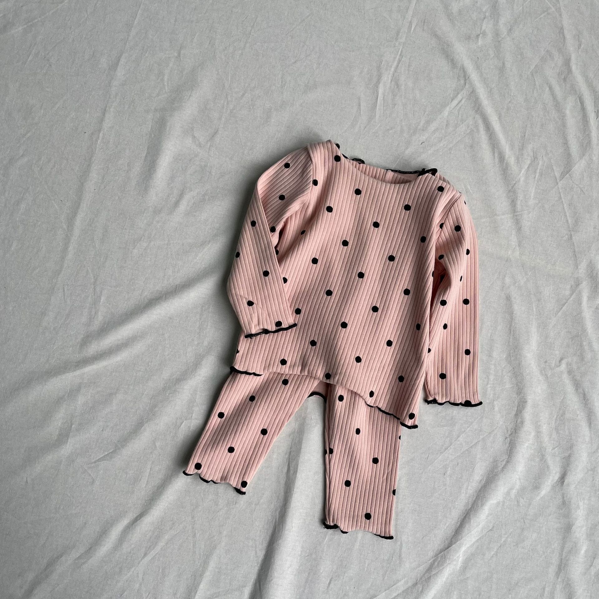 長袖パジャマ Dot / 73cm ベビーセットアップ 2点セット 長袖パジャマセット 水玉/ハートプリントリブ長袖Tシャツ+ロングパンツ【mh0009180】