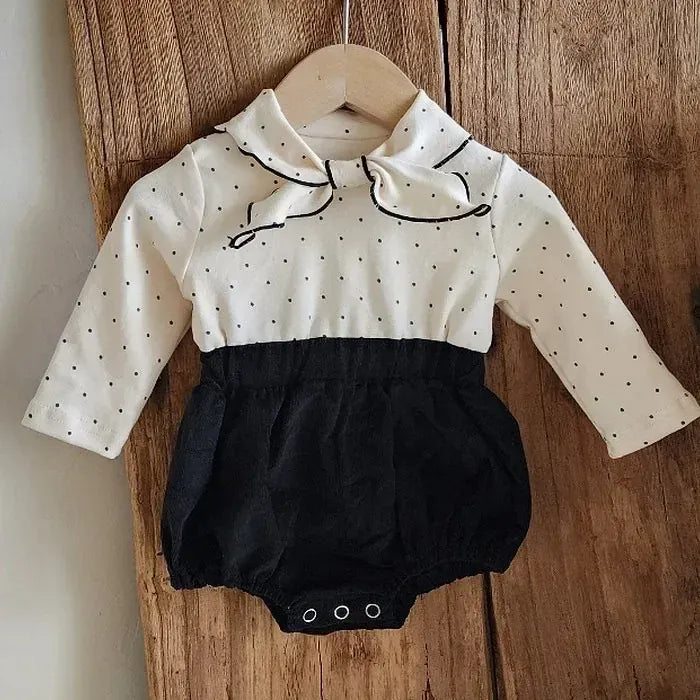 長袖ロンパース Dot / 80cm 9-12M ベビーロンパース リボン襟ドッキング長袖ボディスーツ チェック/水玉【mh0007086】