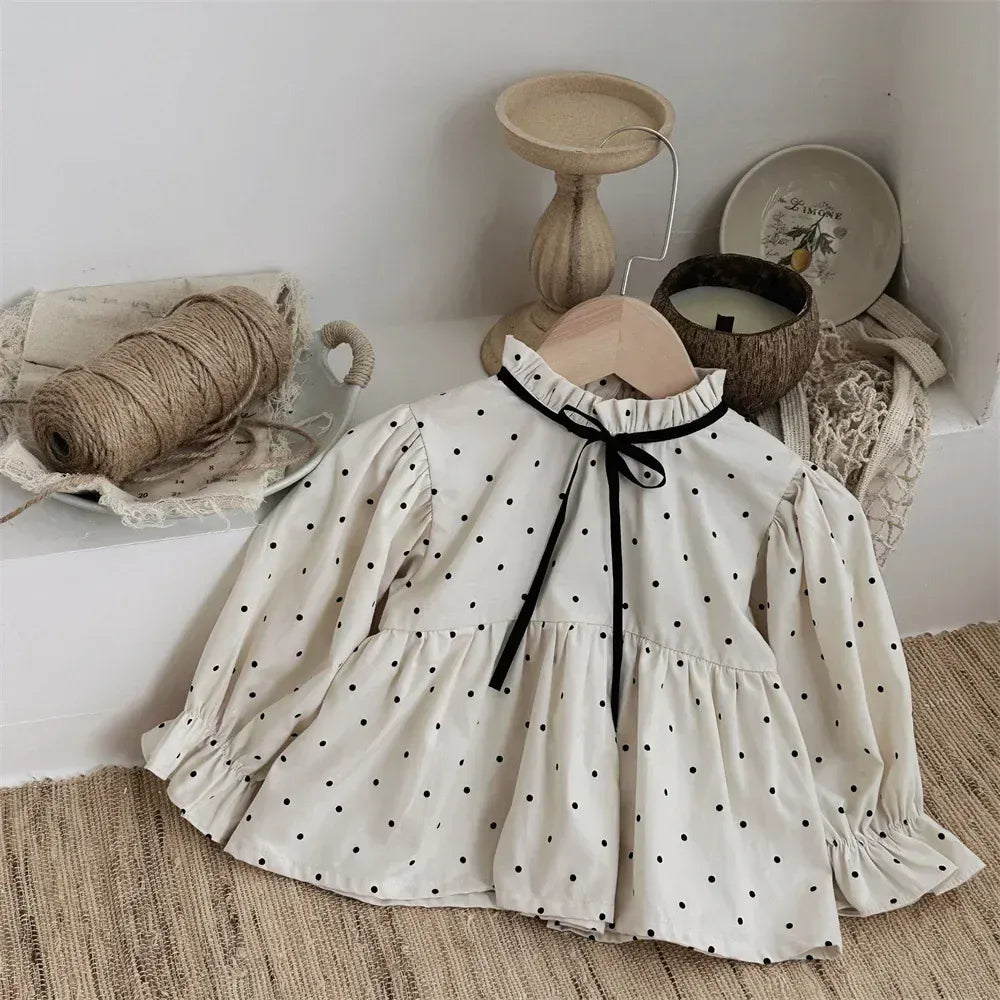 長袖セットアップ dot shirt / 66cm 0-6m ベビートップス/ジャンプスーツ 水玉ドットプリントスタンドフリルカラー長袖チュニックブラウス/チェックサスペンダーサロペットパンツ【mh0007389】