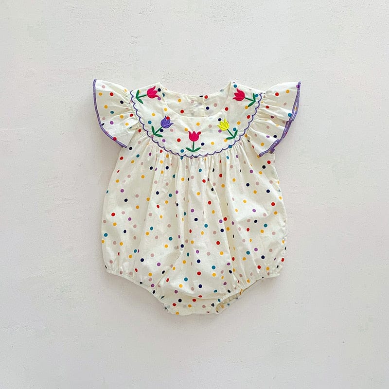 半袖ロンパース dots / 6M/66cm / 取り寄せ（3〜14日） ☺︎ ベビー カラフル フラワー 水玉 ドット フリルスリーブ 半袖 長袖 ロンパース ガールズ