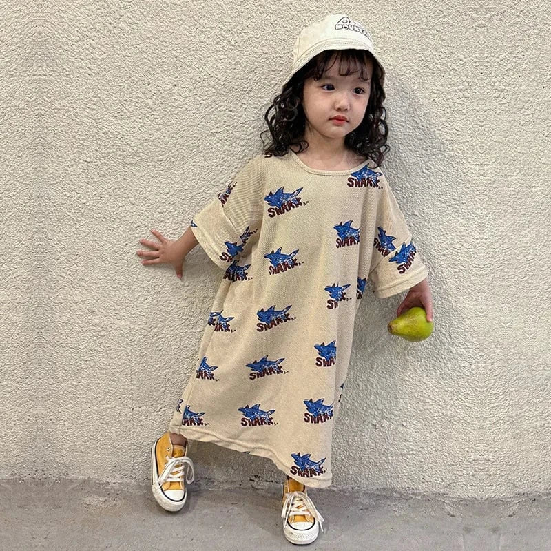 半袖セットアップ dress / 12M 80cm キッズセットアップ 2点セット/ワンピース ボーイズ半袖Tシャツ+ショートパンツ/ガールズ半袖ワンピース シャーク鮫プリント リンクコーデ 兄弟姉妹 お揃いコーデ