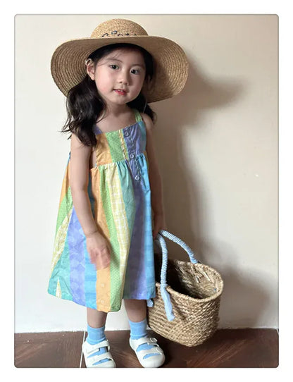 半袖セットアップ dress / 18M (80) キッズセットアップ 2点セット/ワンピース ボーイズ半袖シャツ+ハーフパンツ/ガールズノースリーブワンピース カラフルストライプ リンクコーデ 兄弟姉妹お揃いコーデ