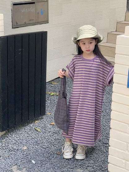 半袖セットアップ dress / 24M/90cm / 取り寄せ（3〜14日） ☺︎ キッズ ボーダー ボーイズ セットアップ 半袖 Tシャツ ショートパンツ ガールズ ワンピース パープル リンク 兄弟 姉妹 お揃い コーデ