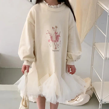 長袖ワンピース dress / 2T  90cm キッズワンピース 長袖スウェットワンピース チュチュチュールドッキング スワンプリント ベージュ