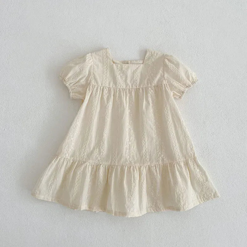 半袖ロンパース dress / 66cm ☺︎ ベビーロンパース/キッズワンピース 半袖パフスリーブ レースフラワー花柄刺繍 リンクコーデ 姉妹 お揃いコーデ