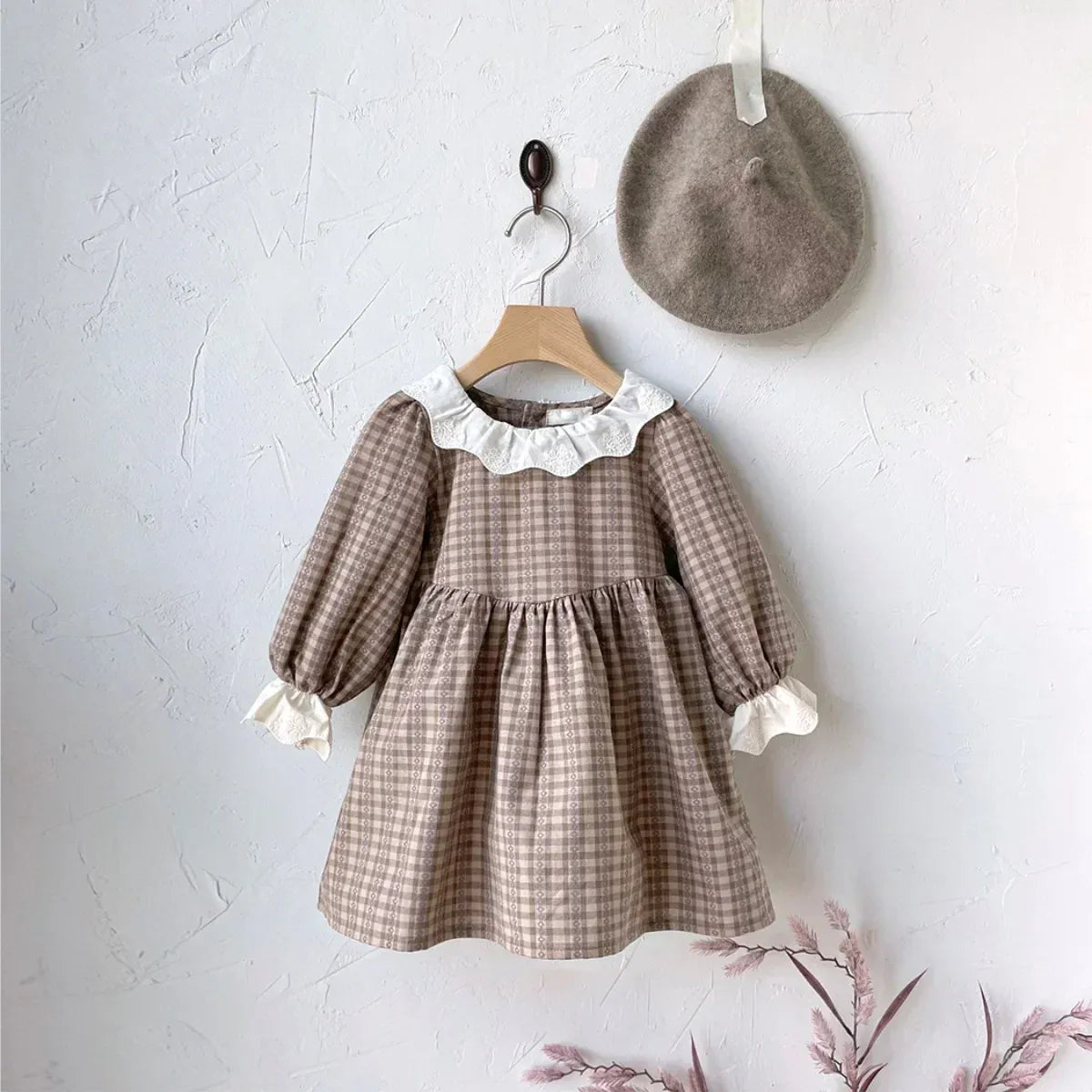 長袖ワンピース dress / 66cm ベビー長袖ロンパース ワンピース チェックプリント フリル リンクコーデ 姉妹お揃いコーデ ガールズ 女の子 子供服