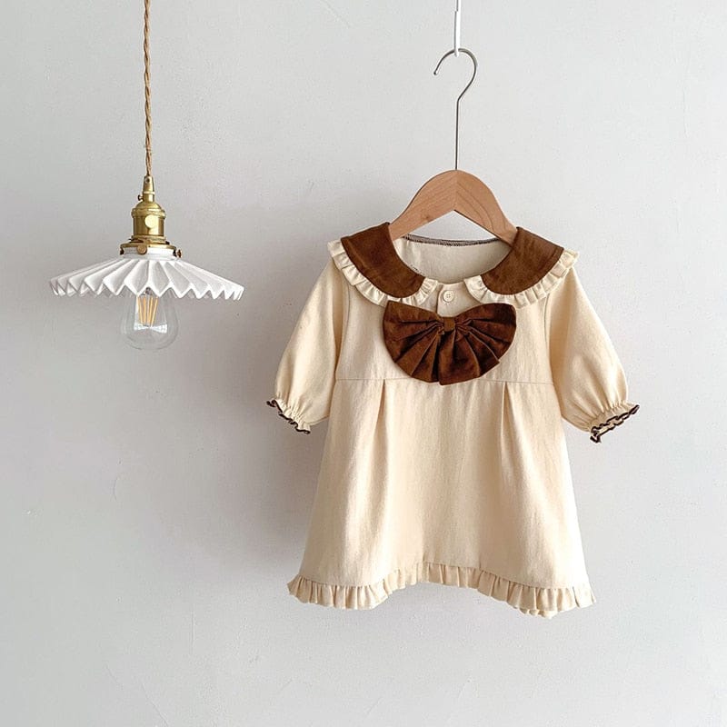 長袖ワンピース dress / 66cm ベビー 長袖ブラウス 長袖ワンピース ノースリーブジャンプスーツ サスペンダースカートロンパース 単品 リボン フラワー刺繍 ブラウン ベージュ ユニセックス 男の子 女の子