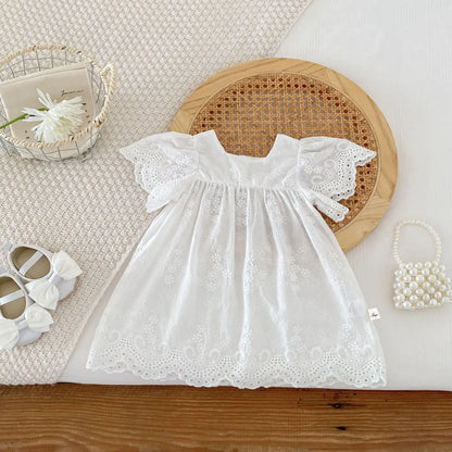 半袖ロンパース dress / 66cm 0-6m ベビーロンパース/キッズワンピース レースフリルスリーブ サマードレス ホワイト リンクコーデ 姉妹 お揃いコーデ