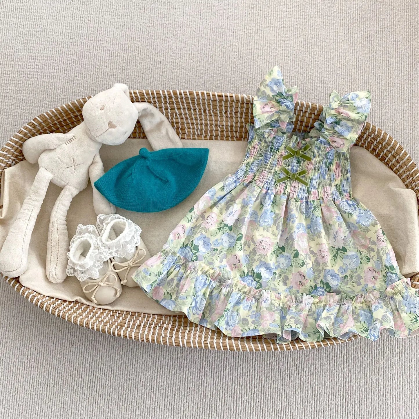 ノースリーブロンパース dress / 66cm 0-6m / 取り寄せ（7〜35日） ベビーロンパース/キッズワンピース ノースリーブ リボン フリル フラワー花柄プリント リンクコーデ 姉妹お揃いコーデ
