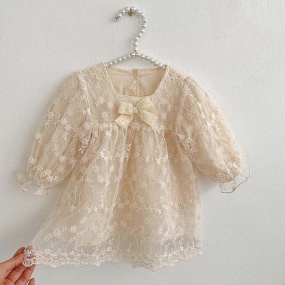 長袖ワンピース dress / 66cm ベビー リボン レース チュール チュチュ 長袖 ドレス ロンパース ワンピース お出かけ ベージュ ガールズ 6982