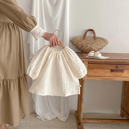 長袖ロンパース dress / 6M  66cm ベビーロンパース/ワンピース 長袖 チェックエンボス ベージュ
