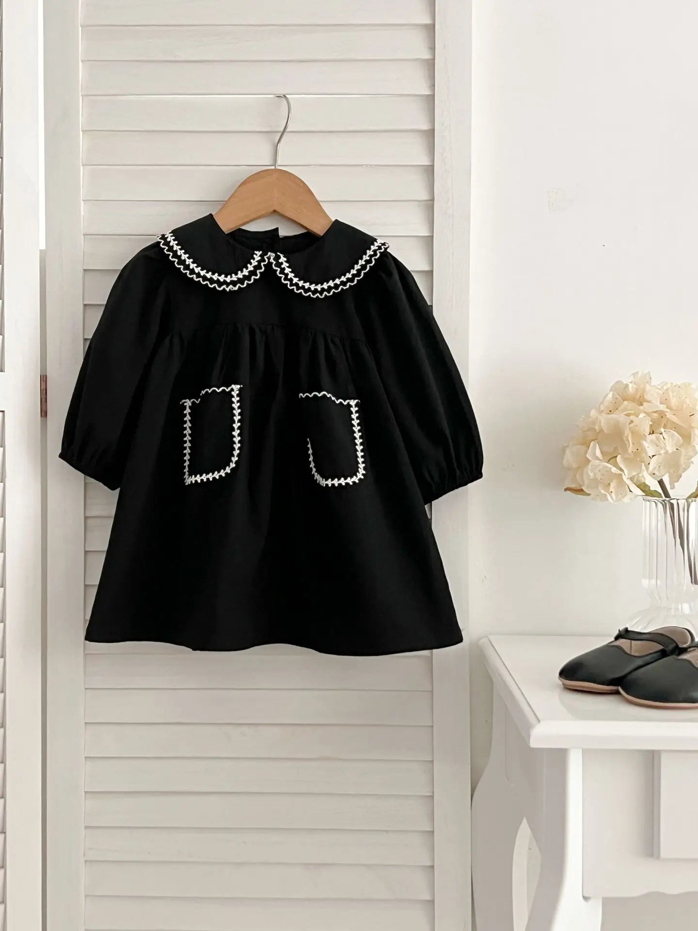 長袖ロンパース dress / 6M  66cm ベビーロンパース キッズワンピース 長袖ボディスーツ 長袖ワンピース ポケット 丸襟 ブラック リンクコーデ 姉妹お揃い