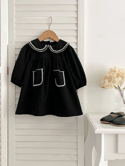 長袖ロンパース dress / 6M  66cm ベビーロンパース キッズワンピース 長袖ボディスーツ 長袖ワンピース ポケット 丸襟 ブラック リンクコーデ 姉妹お揃い